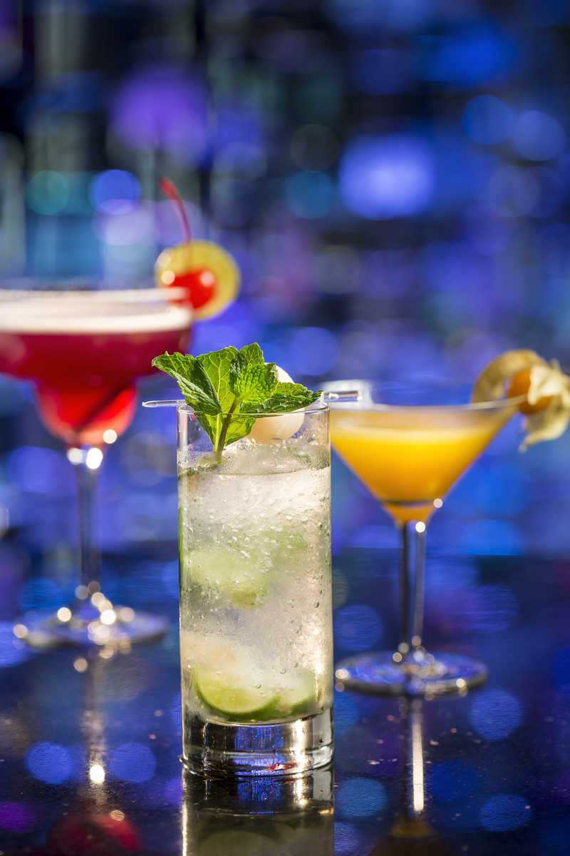 Three cocktails at the Crystal Piano Bar