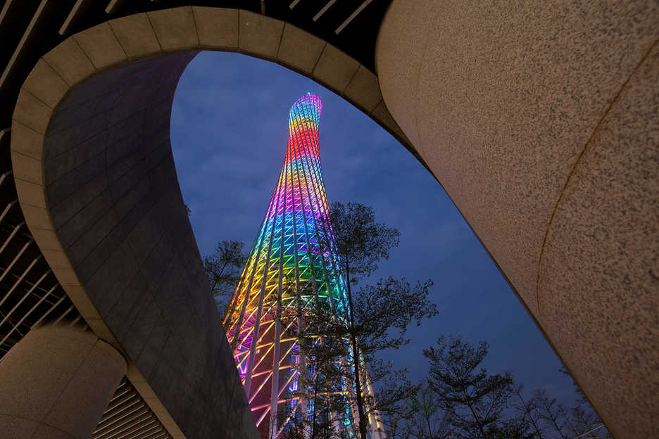 The Canton Tower is illuminated at night in Tianhe District, Guangzhou, China