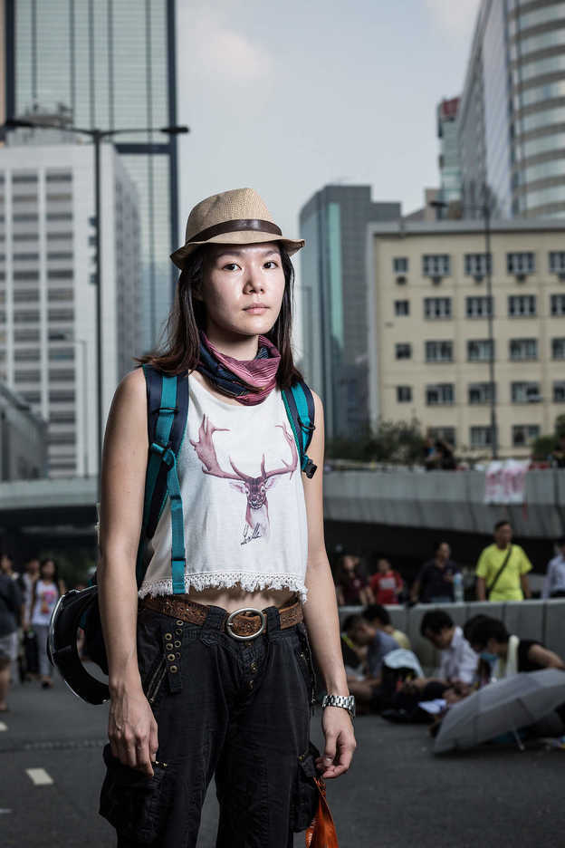Pro-democracy protester with goggles poses in Central, Hong Kong