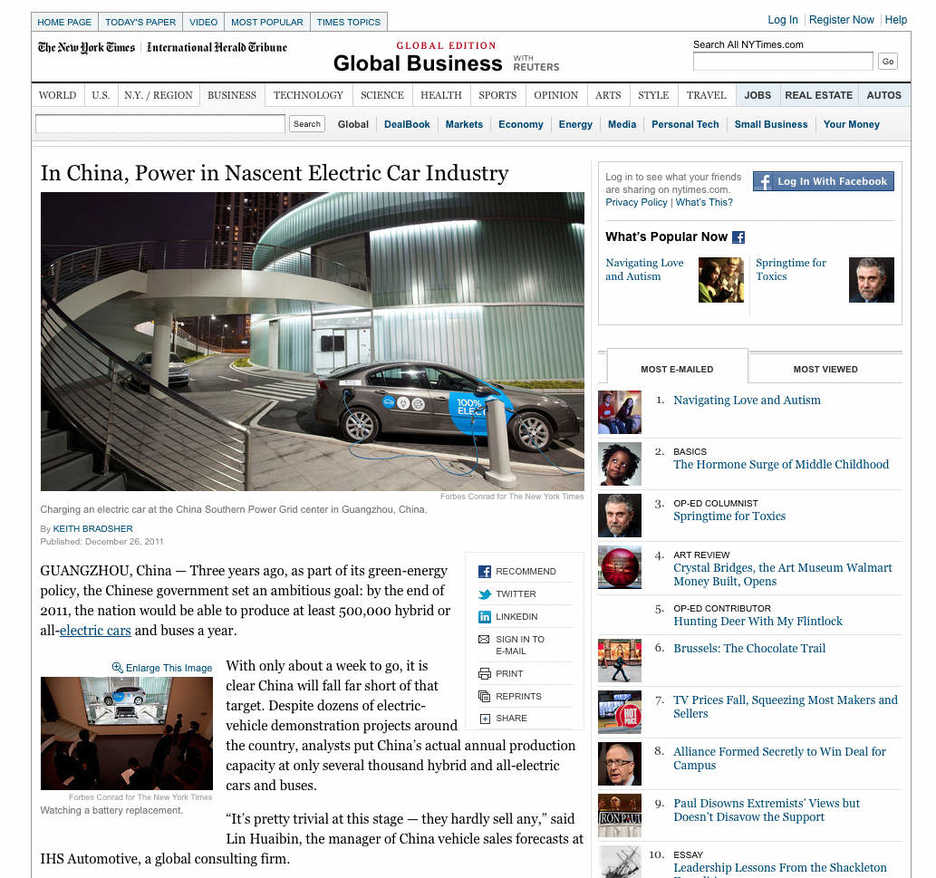 Guangzhou, China New York Times Better Place battery switching story screenshot