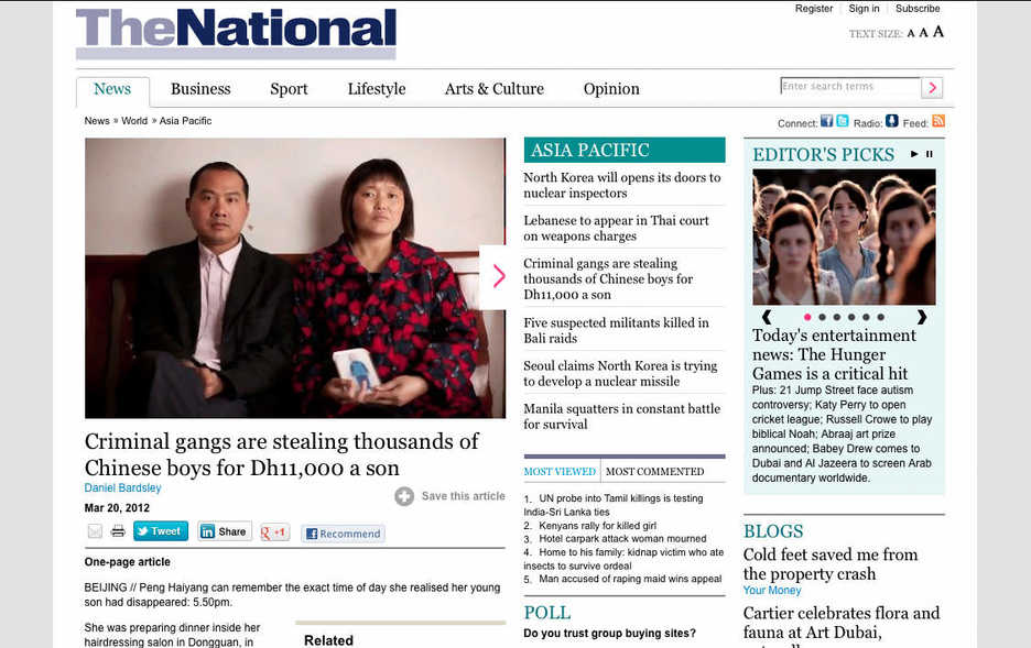 Screenshot of an article in The National Abu Dhabi about missing children in China