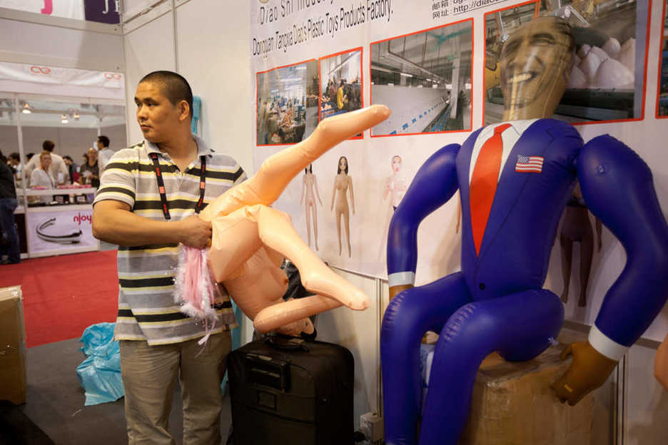 Inflatable dolls at the Asia Adult Expo, including a Barack Obama doll